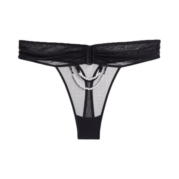 Yamamay Tulle Sash with White Pearl Detail Privè Thong - Pearl M черные прозрачные стринги с жемчужными нитями